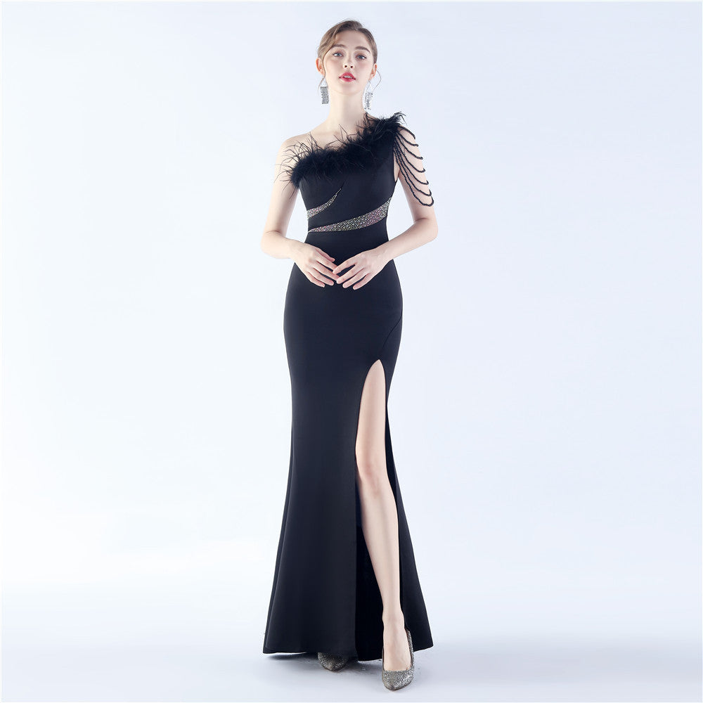 Evening Dress Craft Rhinestone Handmade Beaded Ostrich Feather Diagonal Collar One Shoulder Dress