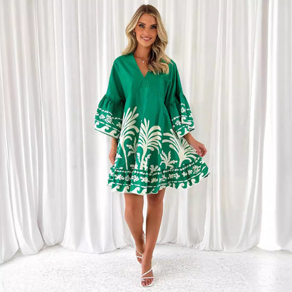 Summer Casual Loose V neck Flared Sleeves Short Dress Women