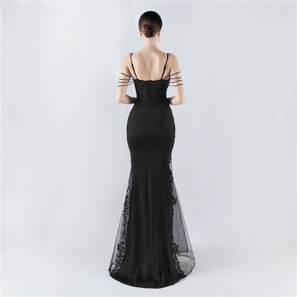 Heavy Embroidery Drilling Boning Corset Vest Lace Beaded High Fork Evening Dress