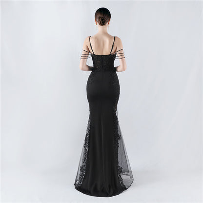 Heavy Embroidery Drilling Boning Corset Vest Lace Beaded High Fork Evening Dress