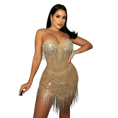 Summer Women Clothing Sexy Mesh Rhinestone Strap Tassel Dress Women