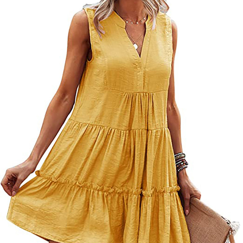 Summer V neck Sexy Solid Color Dress Irregular Asymmetric Stitching Sleeveless Office Large Swing Dress for Women