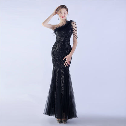 Craft Beaded plus Ostrich Feather High End Sequined Evening Dress