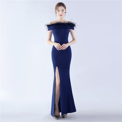 Satin Craft Order Ostrich Feather Off The Neck Tube Top Evening Dress