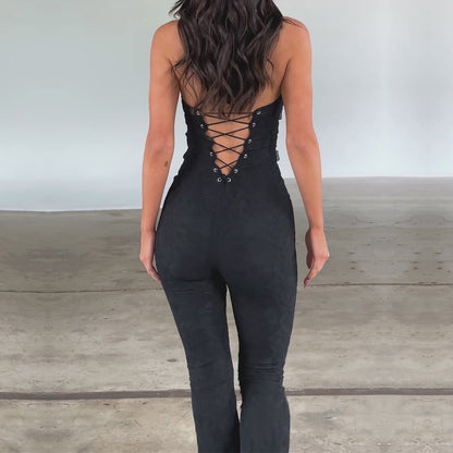 Combinaison Sexy à lacets avec corde à cils, coupe ajustée, pantalon transparent en dentelle