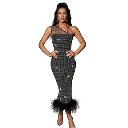 Women Wear Single Shoulder Mesh Rhinestone Feather Bandage One Piece Dress