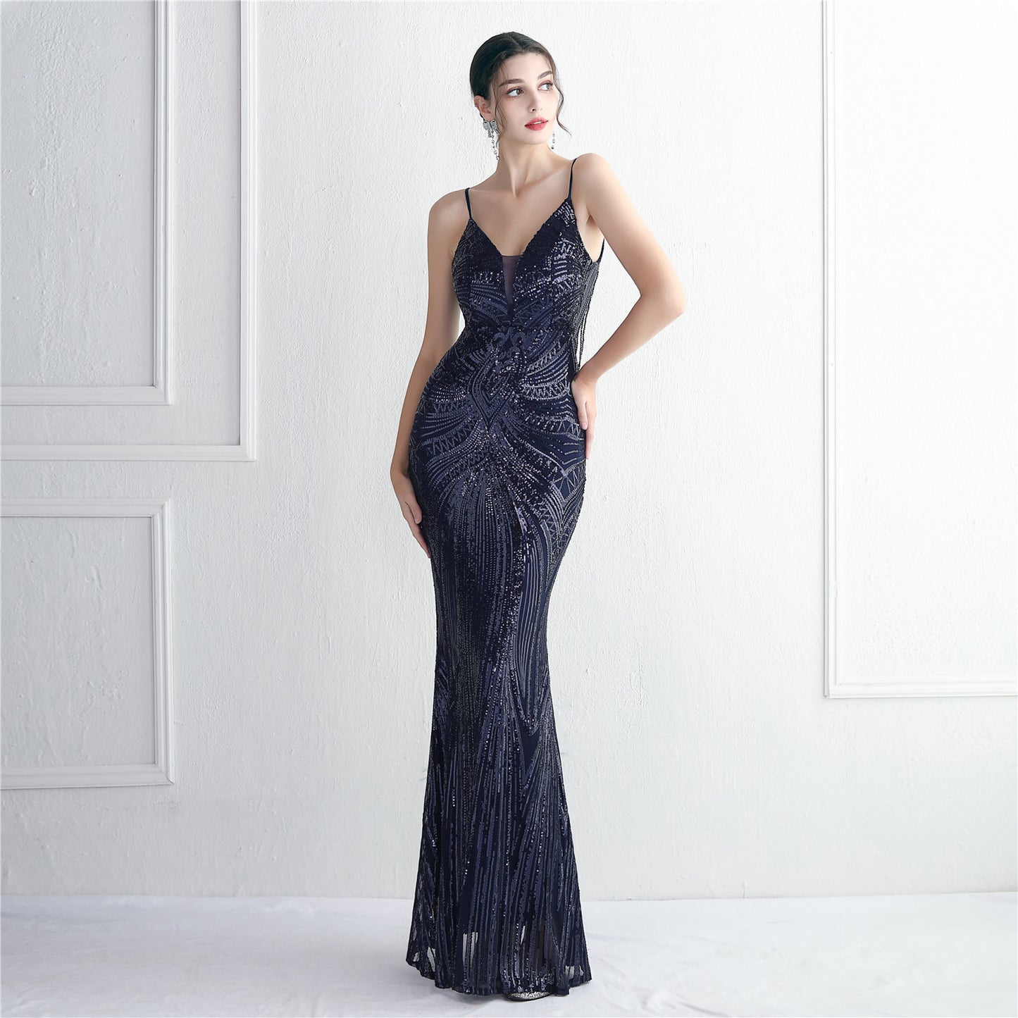 Positioning Floral Beaded Suspender Party Sequined Dress Long Cocktail Slim Fit Evening Dress Elegant