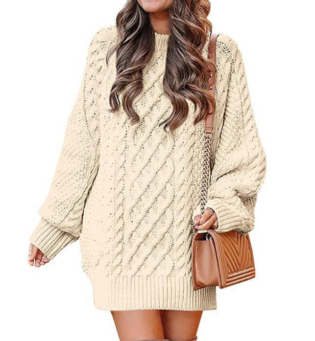 Round Neck Long Sleeve Twisted Knitted Thick Needle Pullover Mid Length Sweater Women Dress