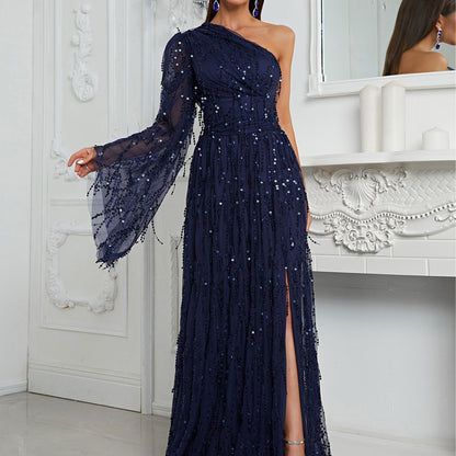 Sequin Dress Oblique Shoulder One Sleeve Cocktail Evening Dress Slit Elegant Dress