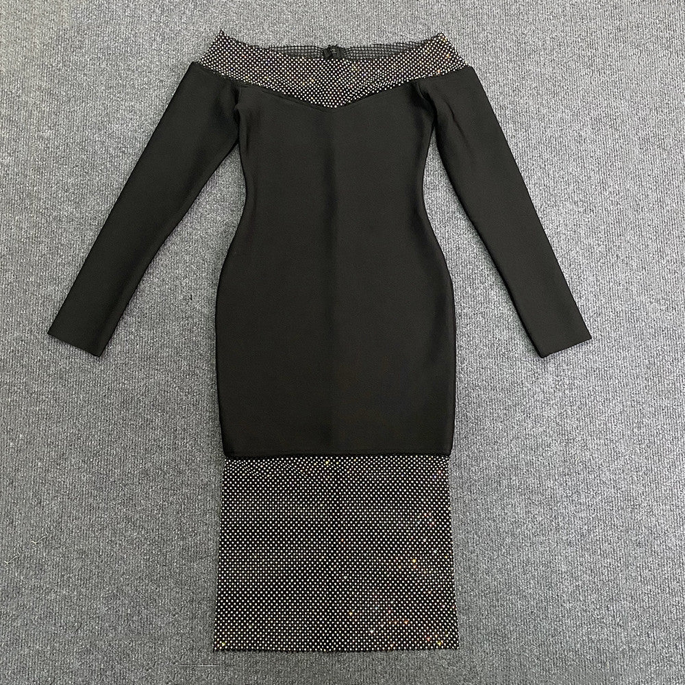 Robe de soirée sexy à manches longues et épaules dénudées en maille avec diamants incrustés