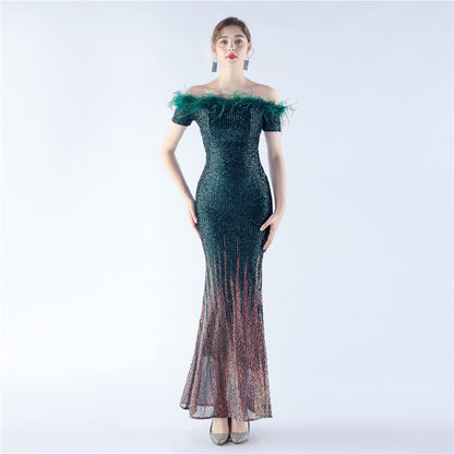 Craft Ostrich Feather Gradient Sequin off Shoulder High End Evening Dress