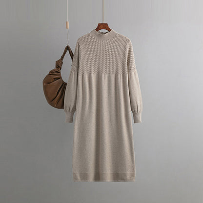 Loose Mid Length Bottoming Knitted Dress Women Autumn Winter V neck Long Sleeve Woolen