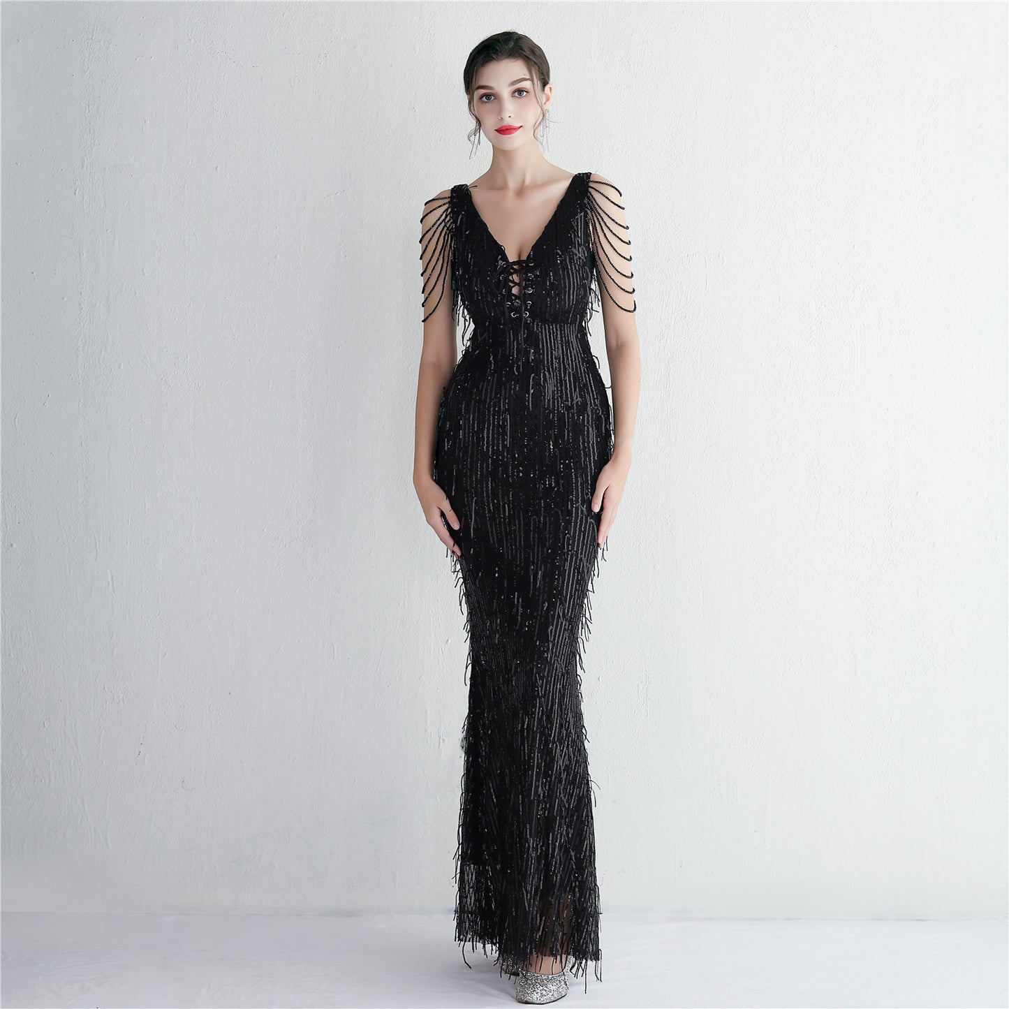 Silk Tassel Sequin Party Dress Long Cocktail Slim Fit Evening Dress Elegant Long