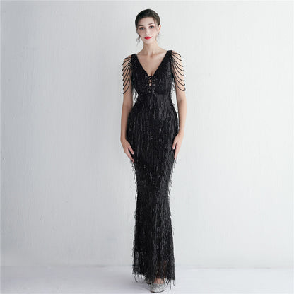 Silk Tassel Sequin Party Dress Long Cocktail Slim Fit Evening Dress Elegant Long