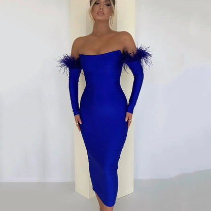 Fall Sexy Off Shoulder Bandage Dress Feather Stitching Slim Fit Evening Dress