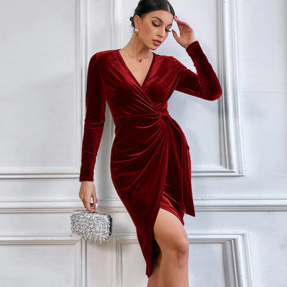 Robe longue sexy à col en V et hanches, robe asymétrique irrégulière mi-longue, robe de soirée de cocktail pour femmes