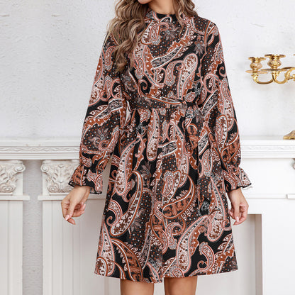 Ethnic Retro Printed Shirt Dress with Belt Slimming Elegant Puff Sleeve Dress Dress Women