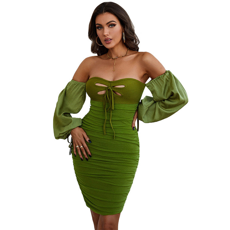 Printemps femmes vêtements robe de pansement vert Sexy évider découpe mot col robe à manches bouffantes