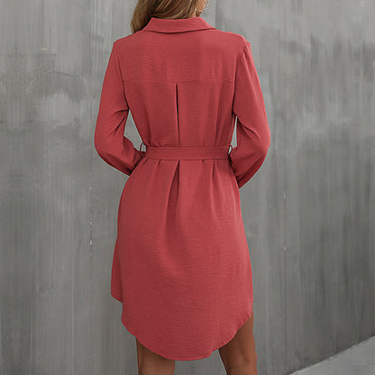 Early Autumn Dress Long Sleeved Red Collared French Shirt Dress