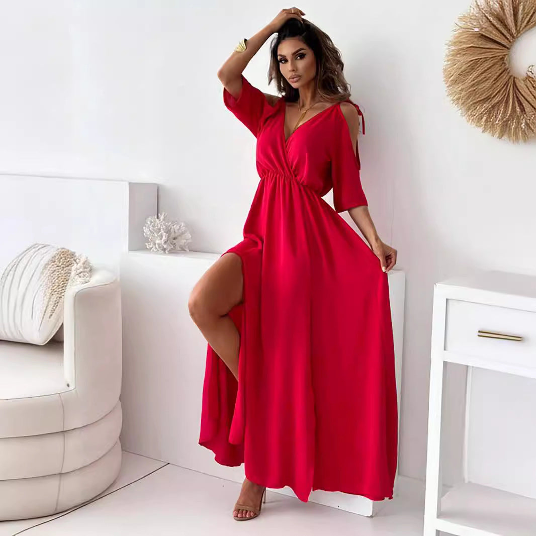 Robe mi-longue à manches mi-longues pour femmes, vêtements couleur unie, écharpe Sexy