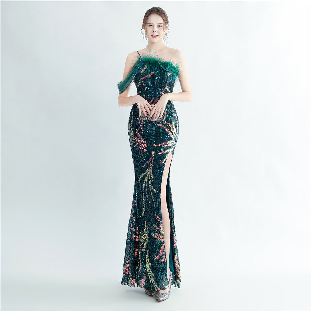 High Density Ostrich Feather Craft Beading High End Evening Dress