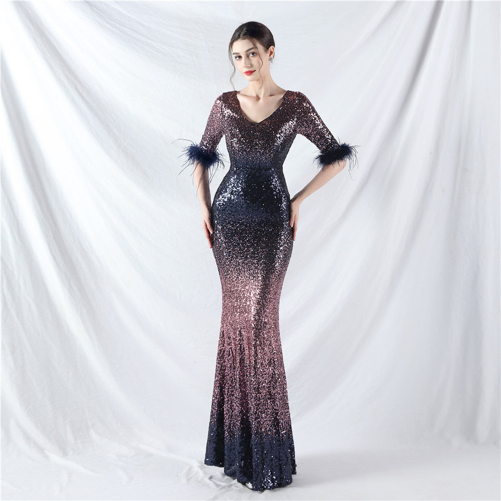 Dress Craft Order Ostrich Feather Gradient Sequin Long Sleeve Evening Dress