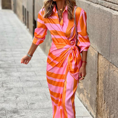 Women Personal Casual Long Sleeve Striped Printed Dress Wrap Dress