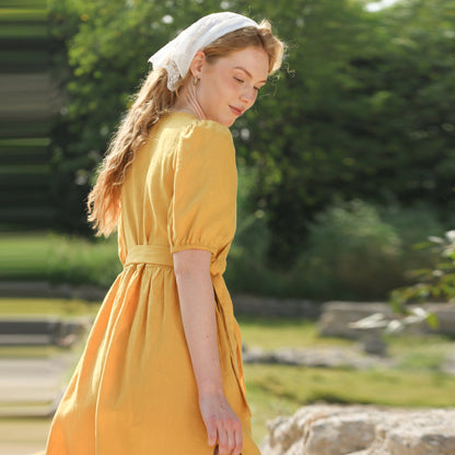 Vestido de encaje con tapeta y cuello en V de nicho de lino puro, vestido bonito de verano con mangas abullonadas, ropa de mujer