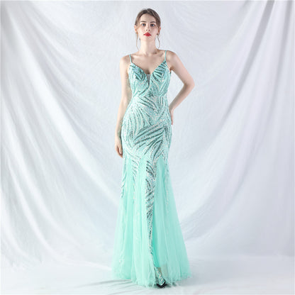 Lamination Sequin Stitching Mesh Camisole Evening Dress