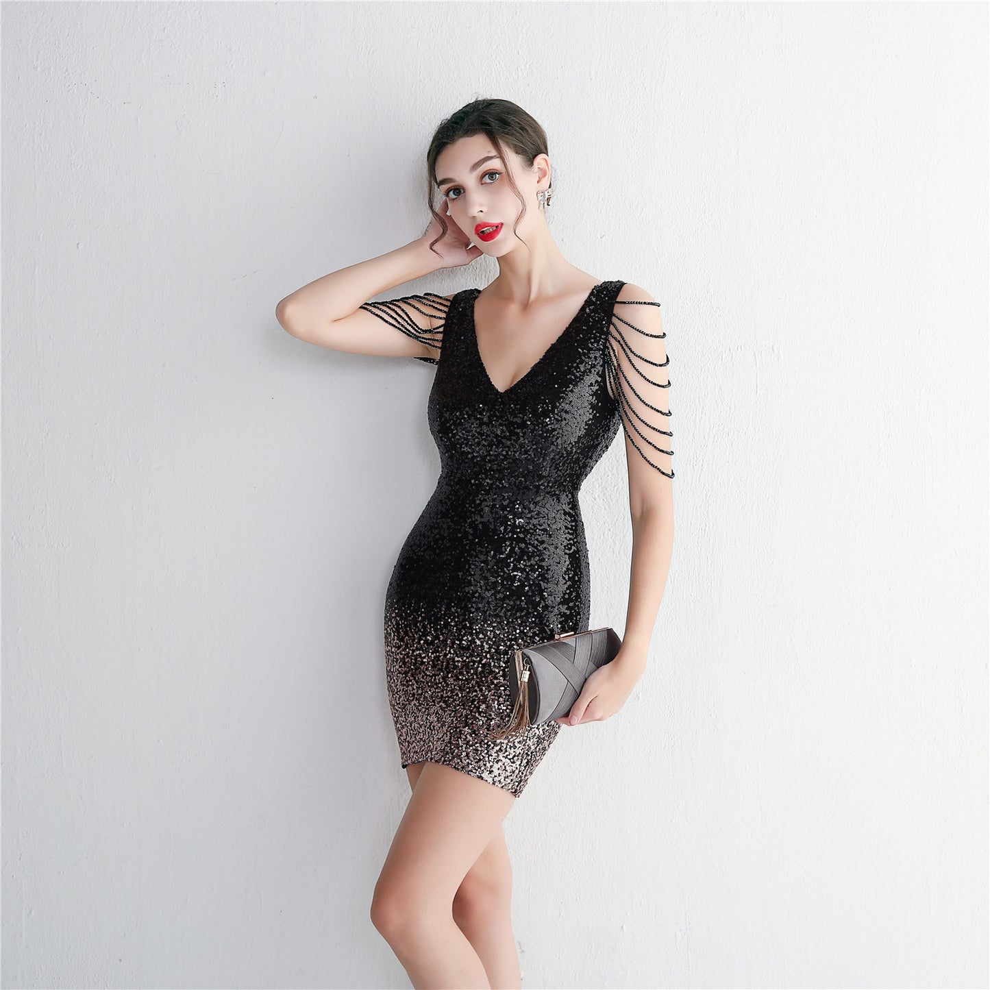 Gradient Sequin Craft Beaded Party Dress Long Cocktail Slim Fit Evening Dress Elegant Short