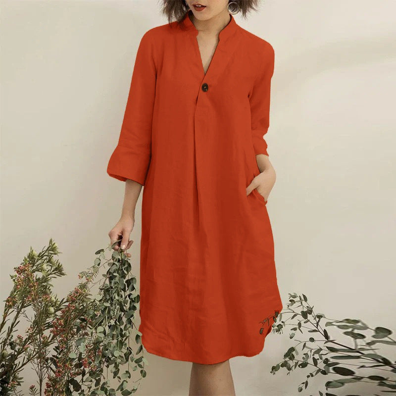 Fall Simple Loose Solid Color Mid Length V Neck Sleeves Casual Dress