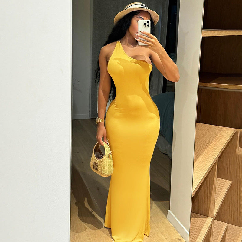 Women Clothing Summer Elegant Solid Color One Shoulder Sleeveless Slim Fishtail Length Dress