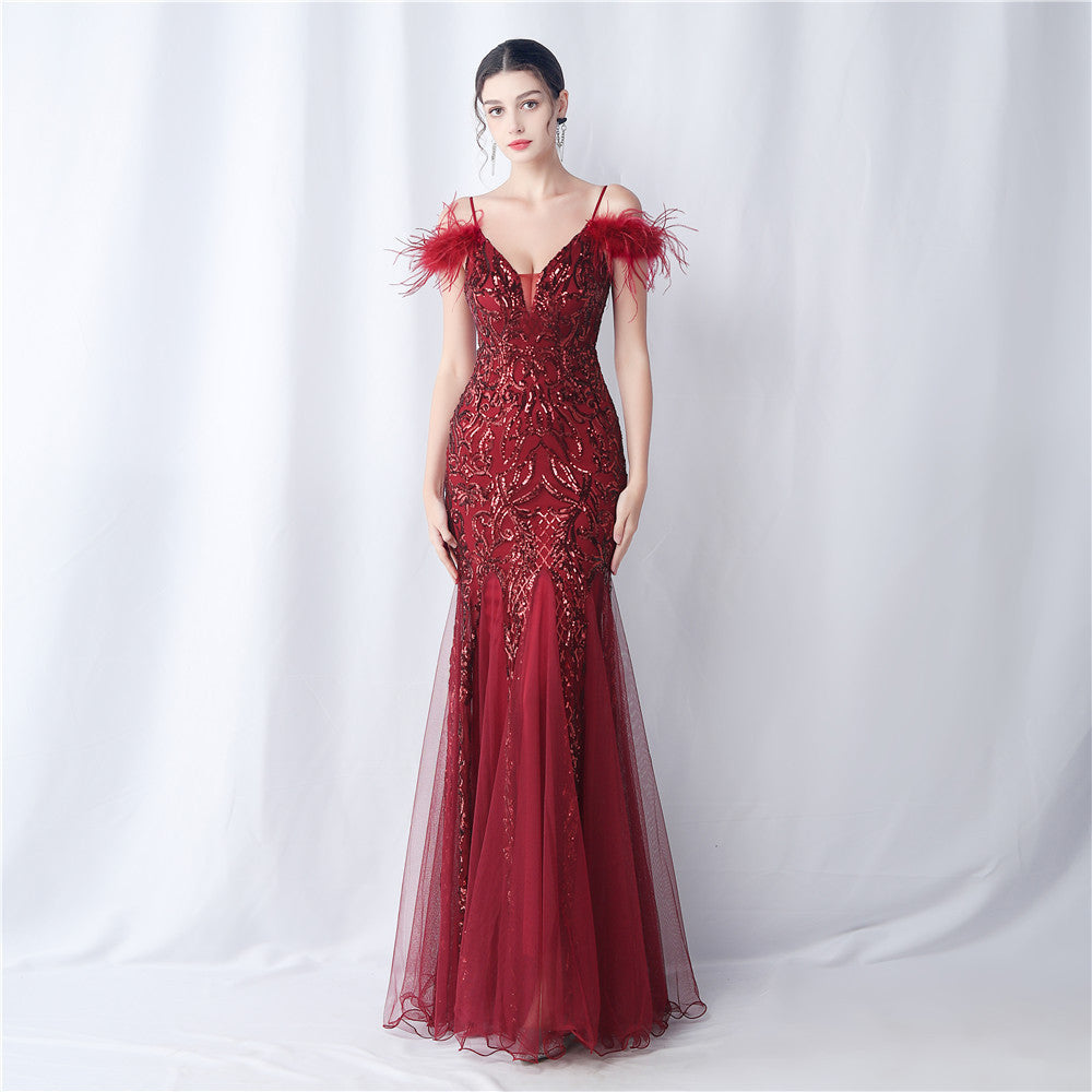 Ostrich Feather Craft Mesh Positioning Floral Sequin Annual Meeting Wedding Evening Dress