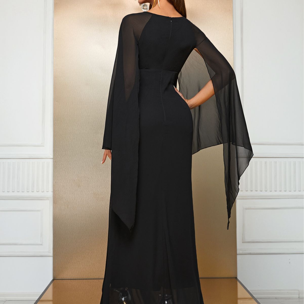 Maxi Dress Chiffon Long Sleeve Split Dress Irregular Asymmetric Sleeve Dress