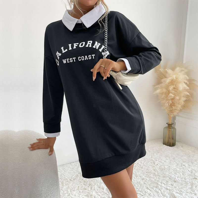 Autumn Women Clothing Long Sleeve Collared Patchwork Sweater Dress