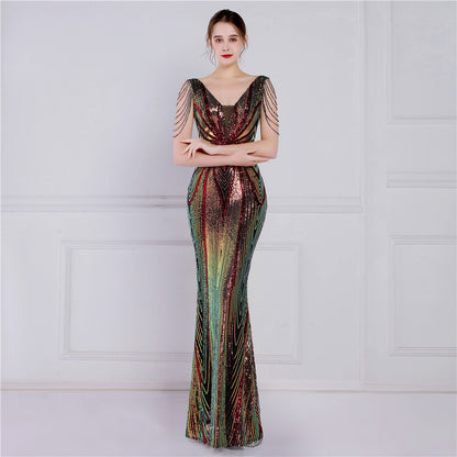 Positioning Floral Sequin Crafts Beaded Banquet Elegant Long Long Sleeve Sequined Aura Queen Fishtail Dress