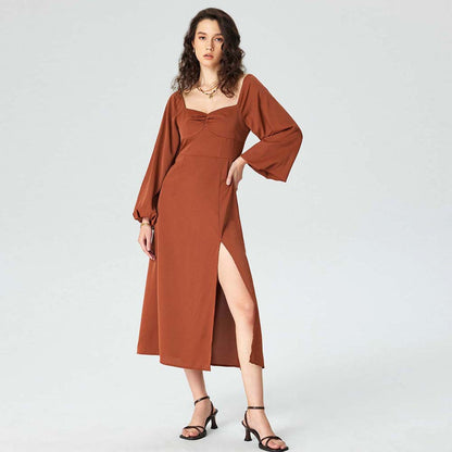 Robe mi-longue à col carré pour femme adulte, tenue intellectuelle, élégance française, fente latérale, automne hiver