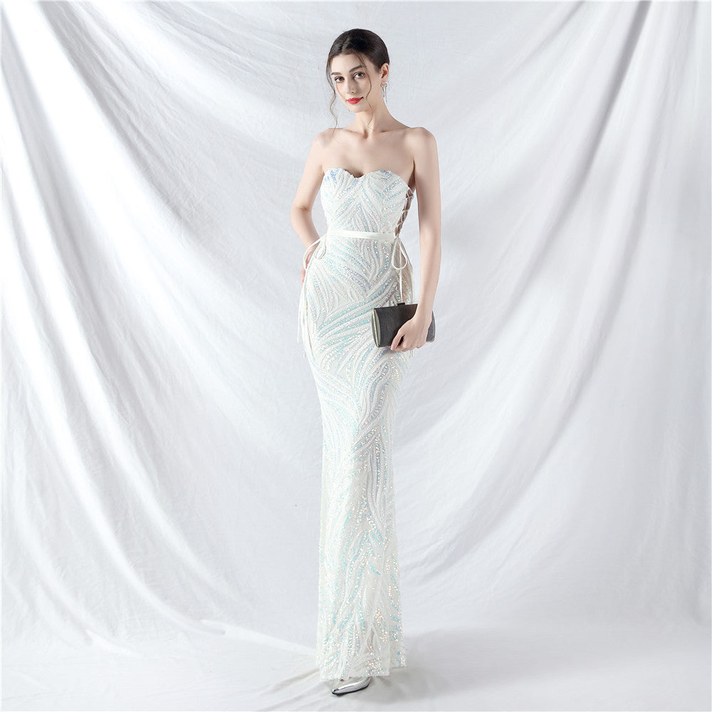 Rope Double Binding Strap Tube Top Encryption Lamination Sequin Evening Dress