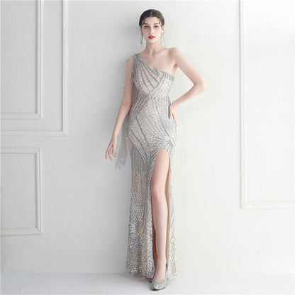 Floral Oblique Shoulder Collar Split Dinner Celebration Host Sexy Sequined Long Evening Dress