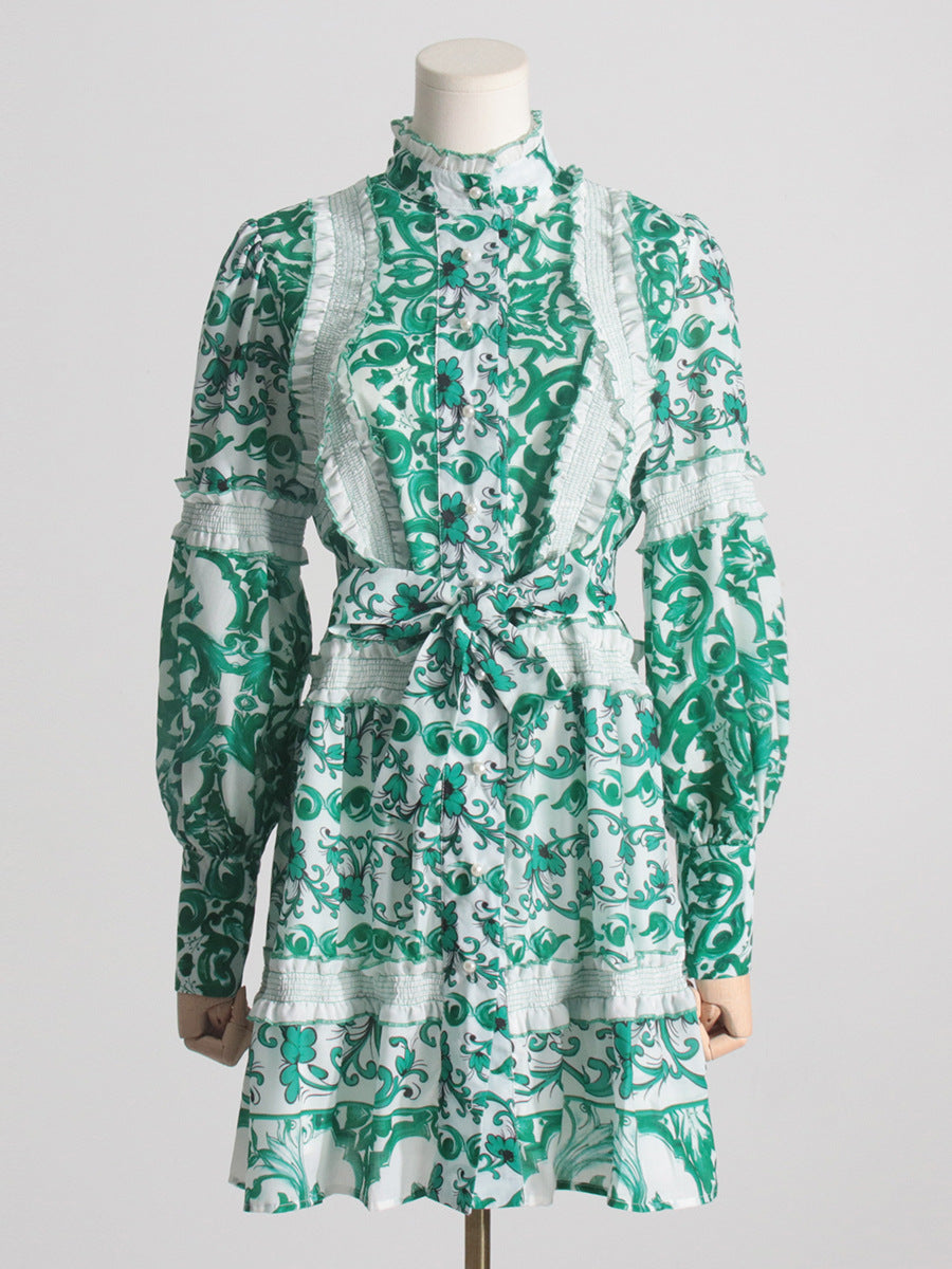 Robe courte à lacets et col montant français pour printemps et été, taille contrôlée, amincissante, manches lanternes, coutures