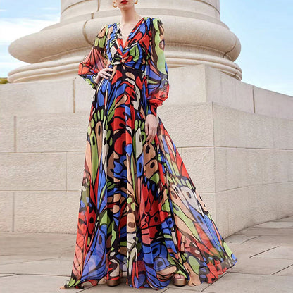 Women Printed V neck Design Niche Chiffon Dress Maxi Dress