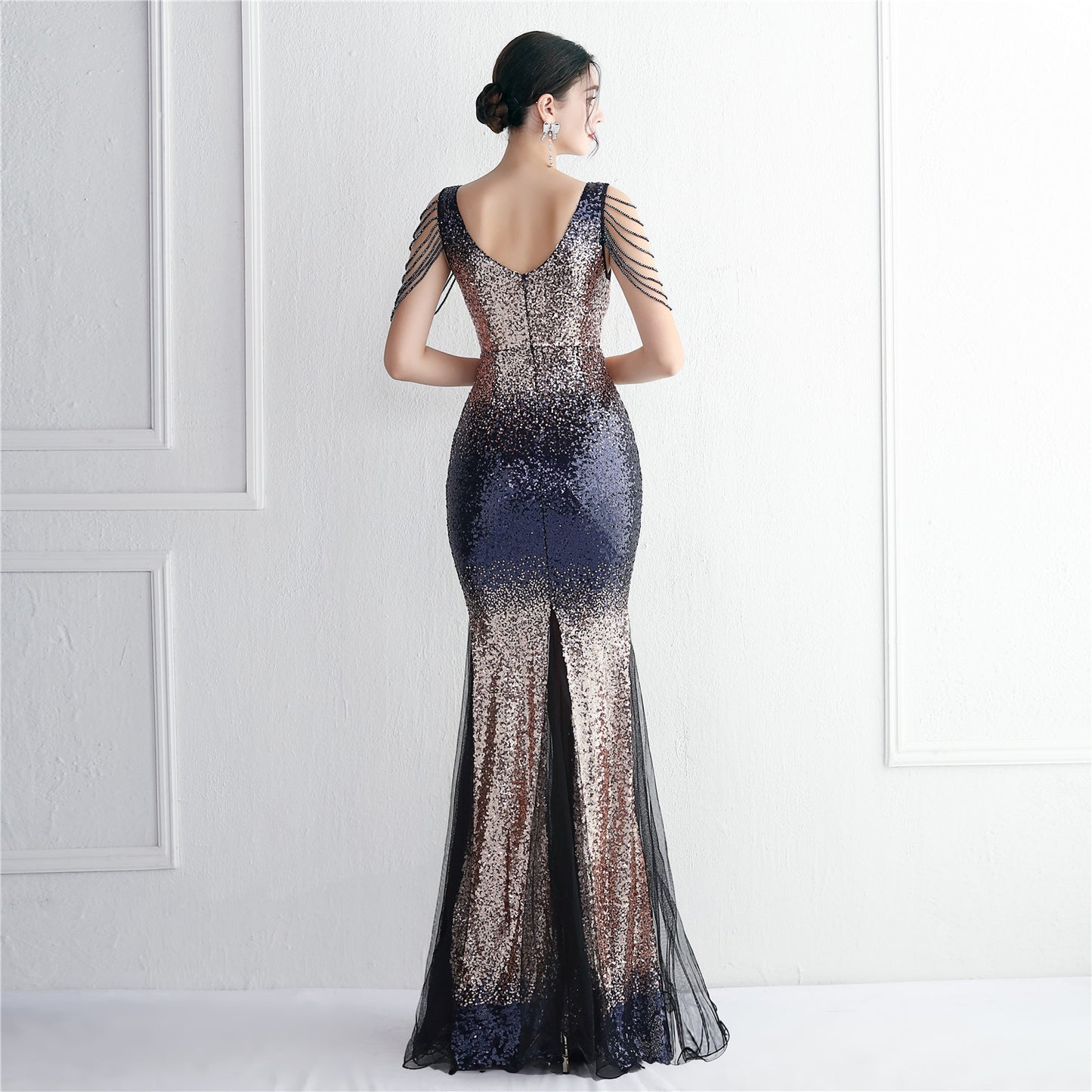 Robe de soirée longue à paillettes dégradées et perles artisanales