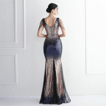 Gradient Sequin Craft Beaded Party Dress Long Cocktail Slim Fit Evening Dress Elegant Long