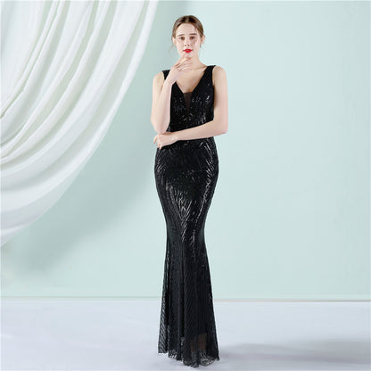 Positioning Floral Sequin Cocktail Elegant Long Sleeveless Sequined Aura Queen Fishtail Dress