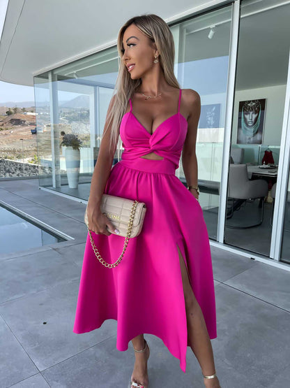 Summer Socialite Deep V Plunge neck Hollow Out Cutout- Big Slit Hemline Camisole Gown Dress