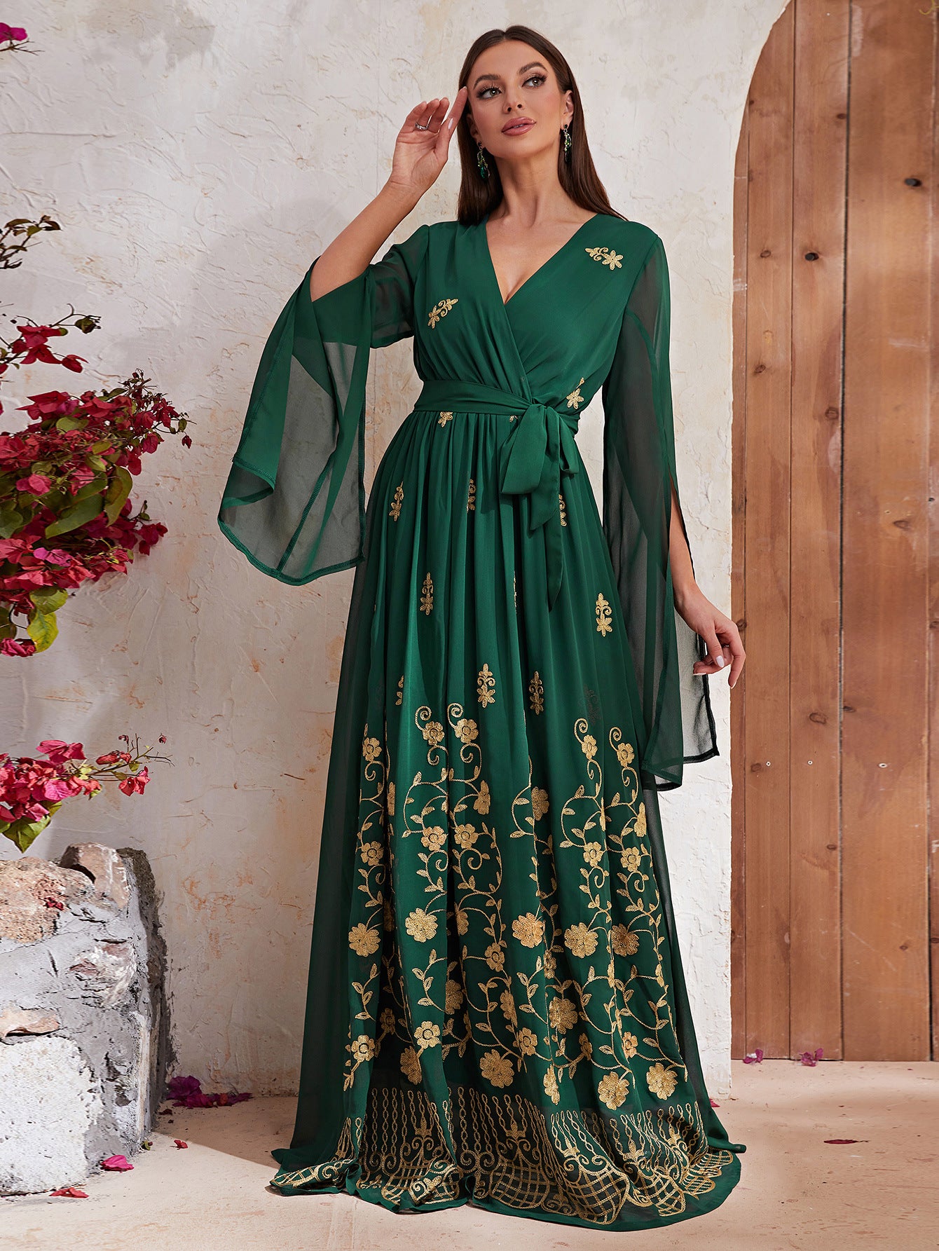 Vacation Dress Chiffon V Neck Split Long Sleeve Design Embroidered Dress