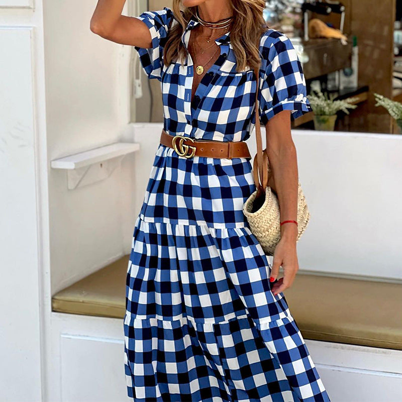 Summer Stand Collar Short Sleeve Bohemian Mid Length Plaid Dress