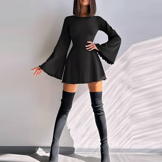 Vestido de manga acampanada grande Otoño Invierno Sexy sin espalda Mujer