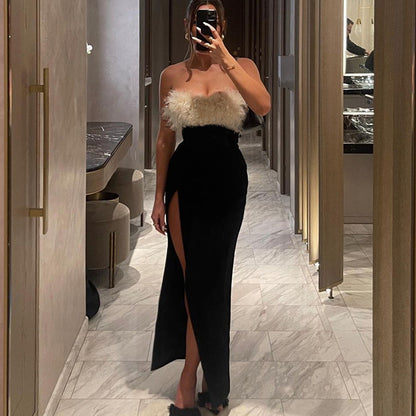 Winter Sexy Sexy off Shoulder Furry Tube Top Slit Dress Women