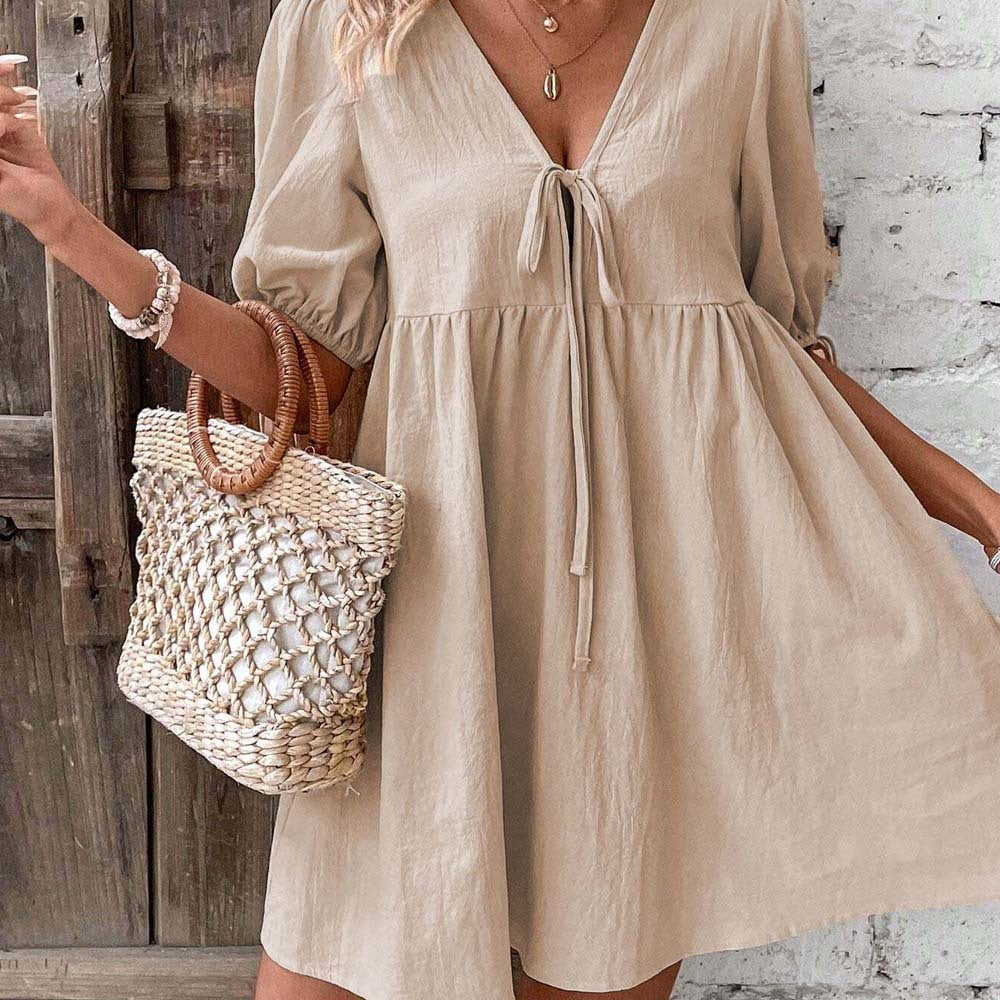 Elegant Loose Woven Deep V Plunge neck Design Chest Lace up A line Dress